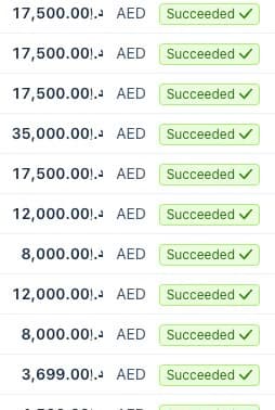 Abdullah’s Stripe payments screenshot from the original Daima page, showing payment amounts in AED and succeeded statuses.