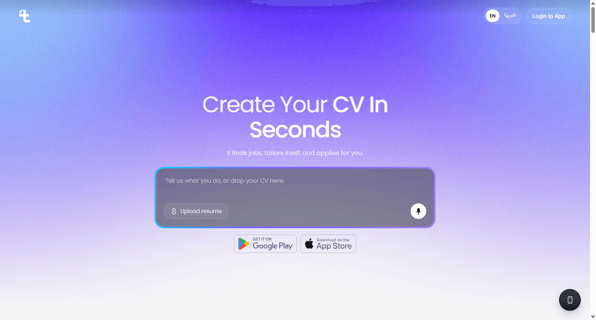 Tabbio’s homepage: Create Your CV In Seconds, with a CV upload field and mobile app links.